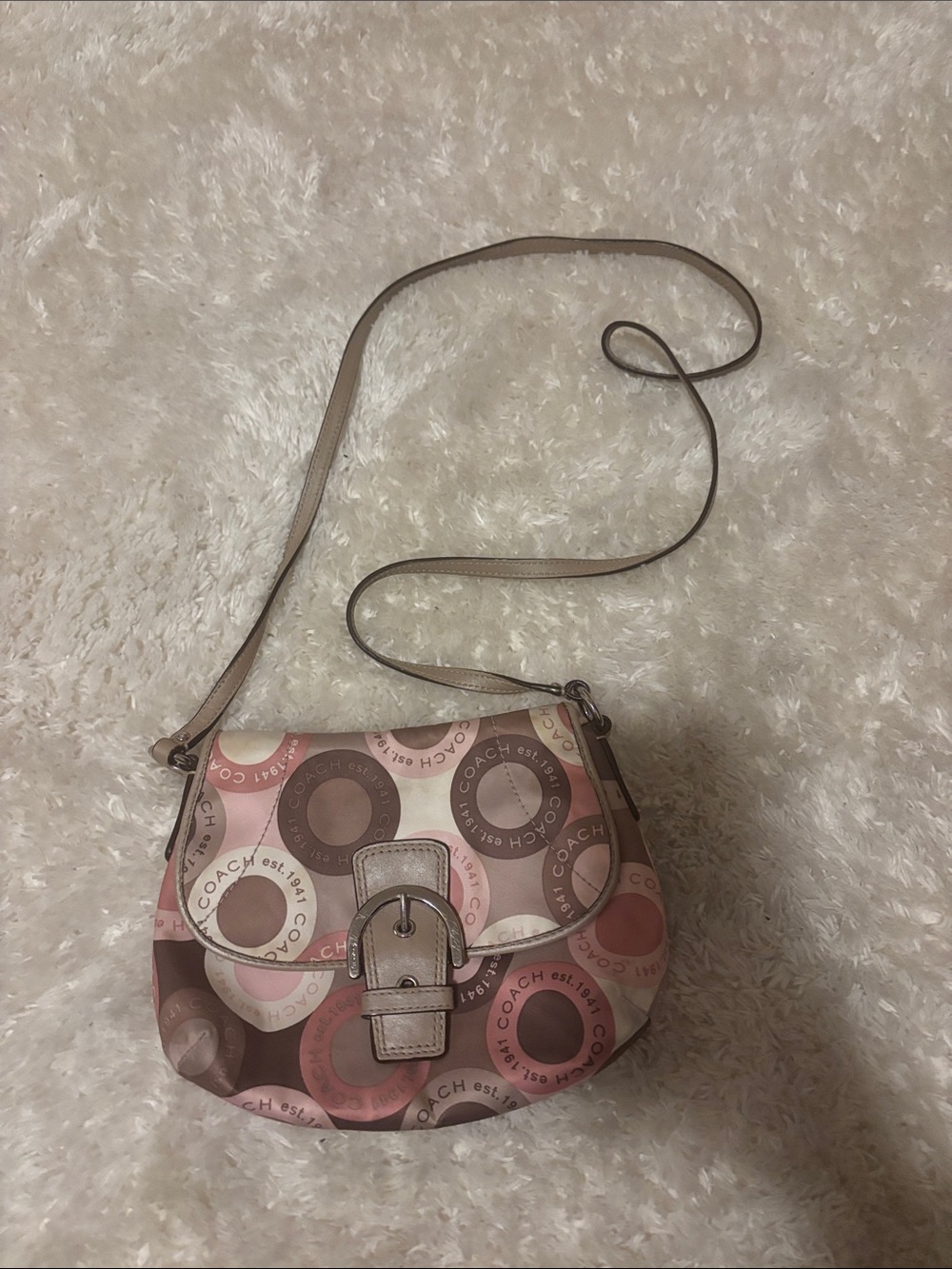 Coach Pink & Brown Signature Circle Buckle Crossbody